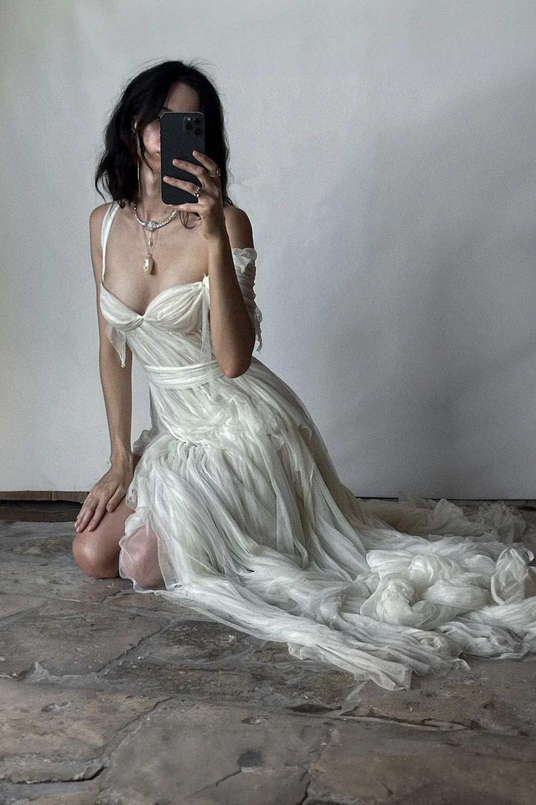 Stunning A Line Straps White Chiffon Prom Dress Evening Dress with Slit SH2259