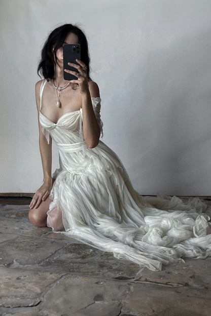 Stunning A Line Straps White Chiffon Prom Dress Evening Dress with Slit SH2259