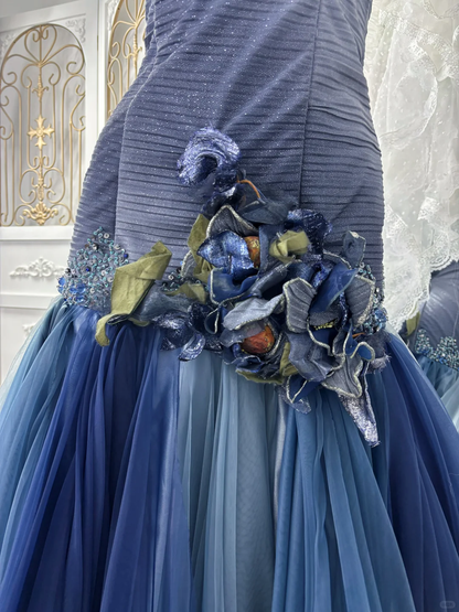 Vintage Blue Ombre A Line Strapless Shiny Beaded Tulle Prom Dress Sweet 16 Dress SH5981