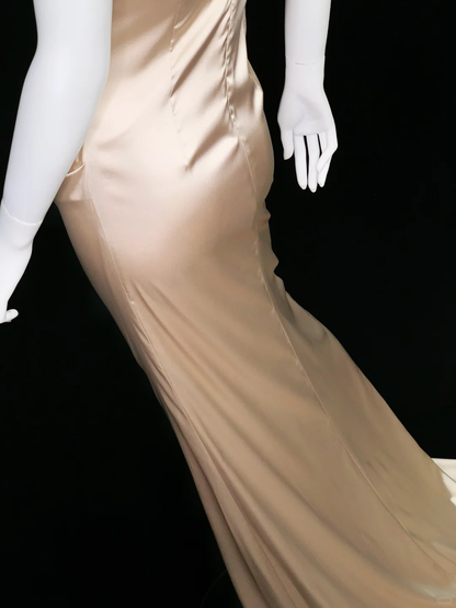 Vintage Champagne A Line Exquisite Pearls Satin Prom Dress Evening Dress SH5132