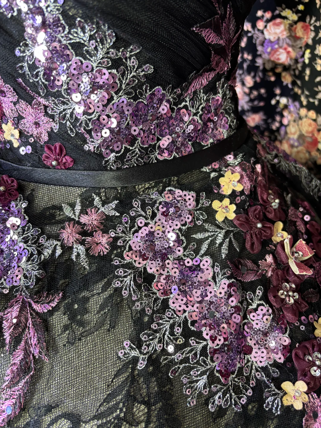 Vintage Black Lace Purple Appliques Ball Gown Strapless Prom Dress Sweet 16 Dress SH5799