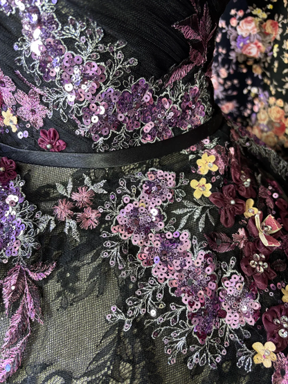 Vintage Black Lace Purple Appliques Ball Gown Strapless Prom Dress Sweet 16 Dress SH5799