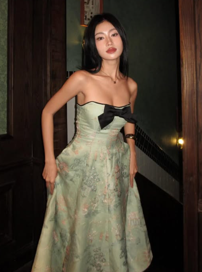 Vintage A Line Strapless Print Floral Green Satin Long Prom Dress Graduation Prom Dress SH5300