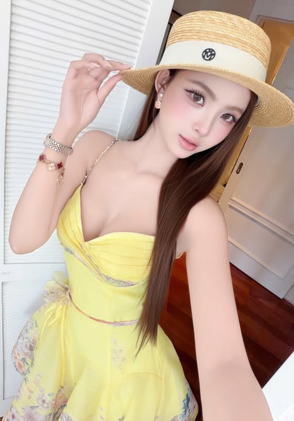Summer Yellow A Line Straps Print Floral Satin Cocktail Dress Homecoming Dress SH6164