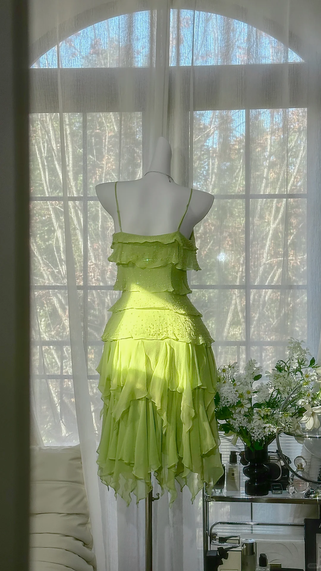 Vintage Green A Line Spaghetti Straps Beaded Layered Chiffon Homecoming Dress SH5121
