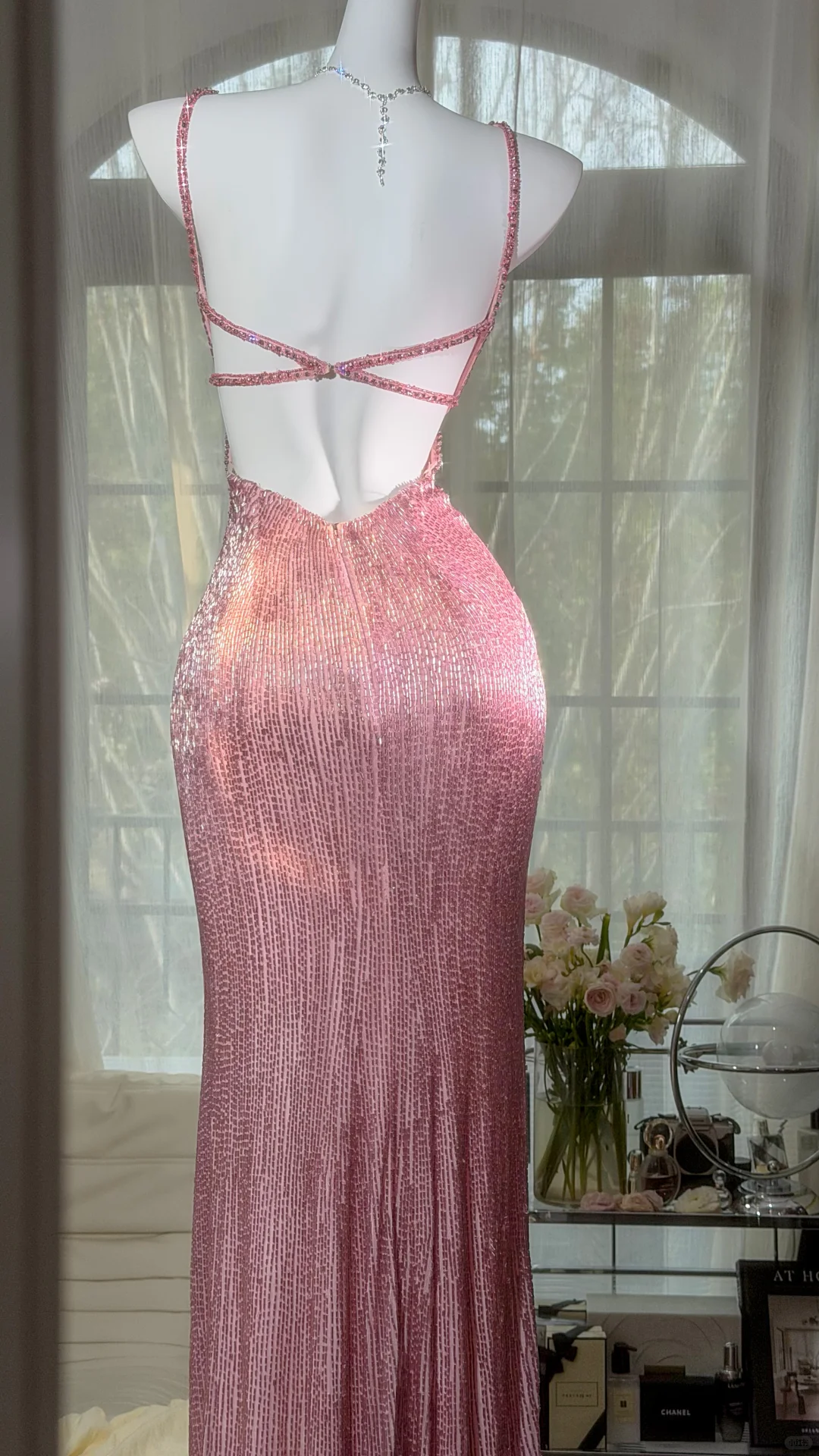 Stunning Pink Butterfly Sheath Beaded Long Prom Dress Graduation Prom Dress with Slit SH5347