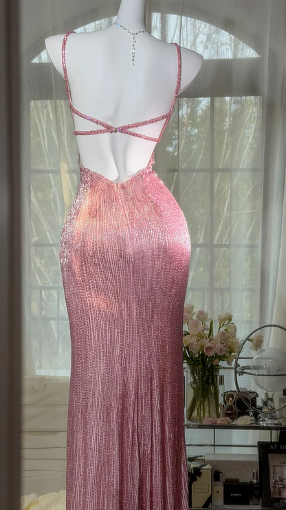Stunning Pink Butterfly Sheath Beaded Long Prom Dress Graduation Prom Dress with Slit SH5347