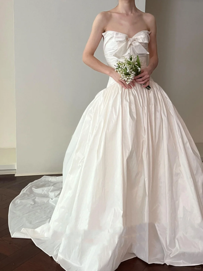 Sweety White Ball Gown Strapless Pleated Satin Long Wedding Dress SH5154