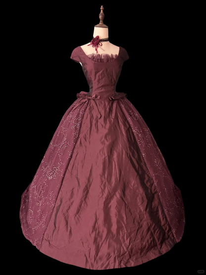Vintage Burgundy A Line Sequin Satin Tulle Prom Dress Evening Dress SH5603