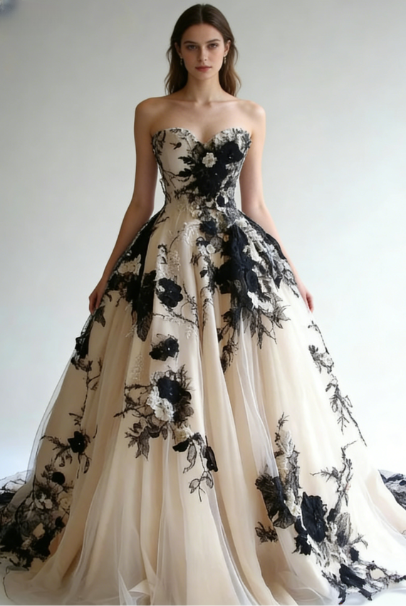 Stunning Ball Gown Sweetheart Neck Black Appliques Tulle Prom Dress  Evening Gown SH5421