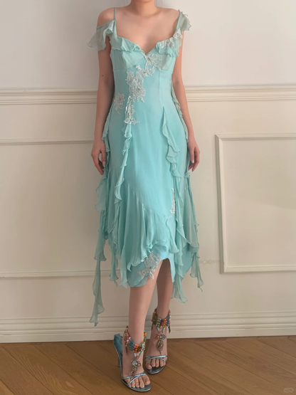 Sweety Blue A Line Straps Lace Appliques Chiffon Tea Length Prom Dress Outfits SH5444