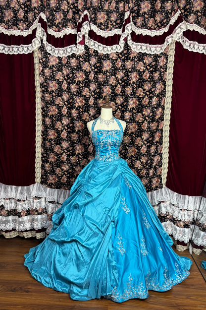 Vintage Blue Ball Gown Halter Beaded Pleated Satin Prom Dress Sweet 16 Dress SH5775