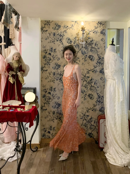 Vintage Exquisite A Line Straps Orange Beaded Tulle Prom Dress Wedding Guest Dress SH4497