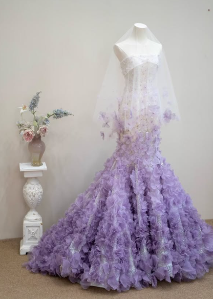 Stunning Mermaid Strapless Beaded Purple Ombre Floral Tulle Long Prom Dress SH5039