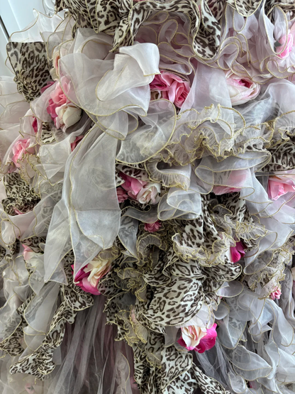 Vintage Leopard Print Ball Gown Strapless 3D Floral Layered Tulle Prom Dress Sweet 16 Dress SH5785