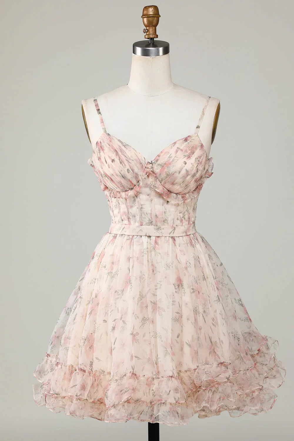 New Fashion Champagne Floral Design A-line Corset Spaghetti Strap Short Homecoming Dress, D1363
