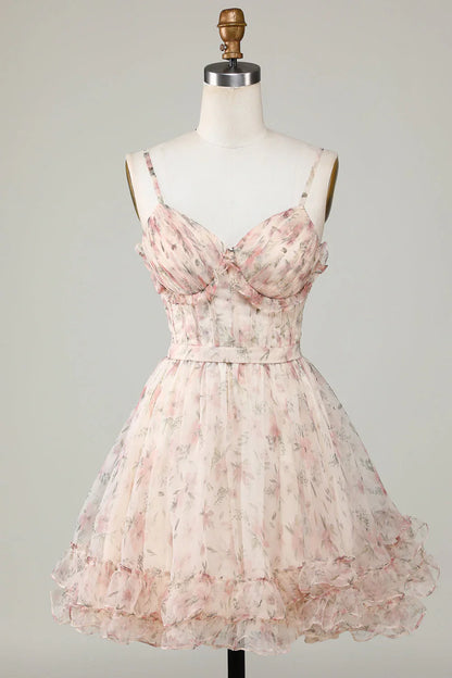 New Fashion Champagne Floral Design A-line Corset Spaghetti Strap Short Homecoming Dress, D1363