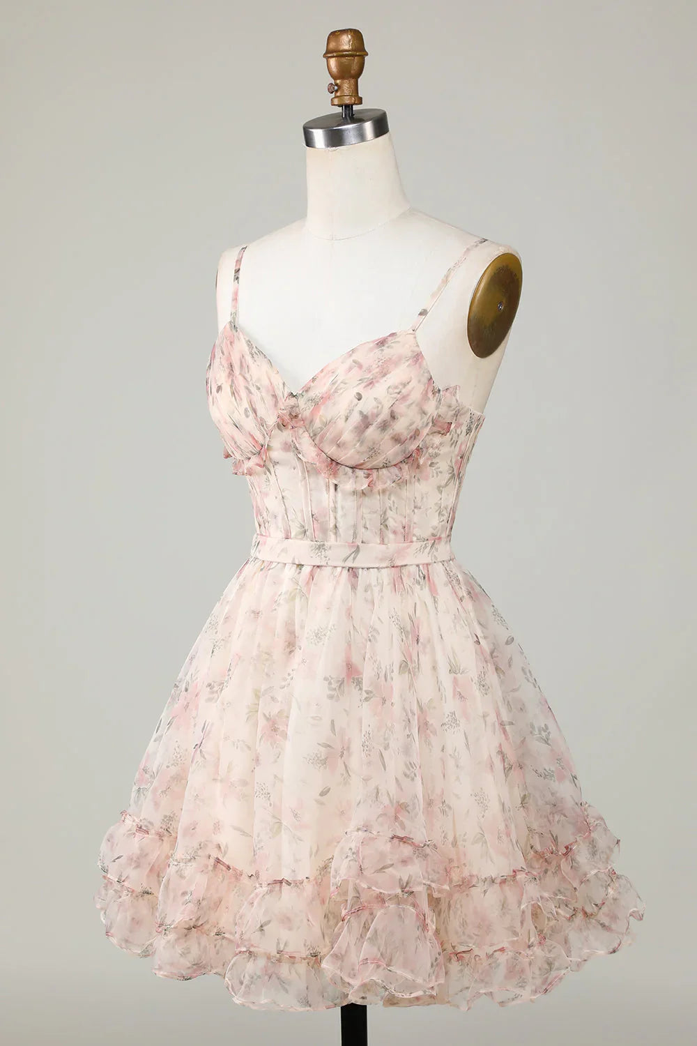 New Fashion Champagne Floral Design A-line Corset Spaghetti Strap Short Homecoming Dress, D1363