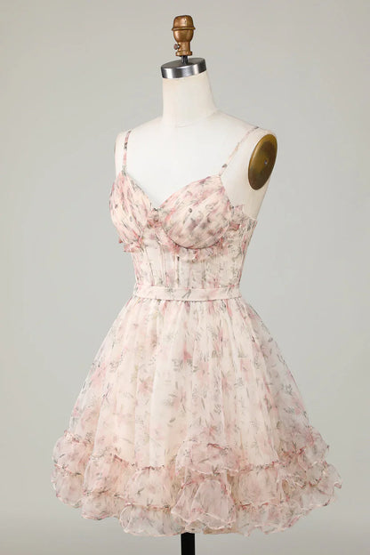 New Fashion Champagne Floral Design A-line Corset Spaghetti Strap Short Homecoming Dress, D1363