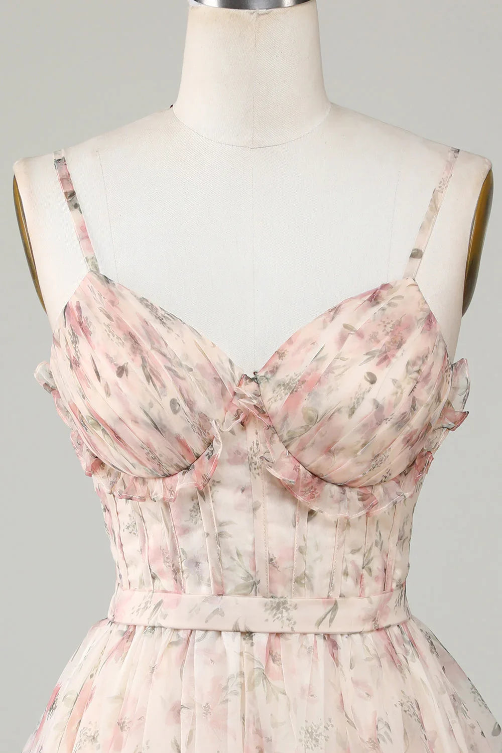 New Fashion Champagne Floral Design A-line Corset Spaghetti Strap Short Homecoming Dress, D1363
