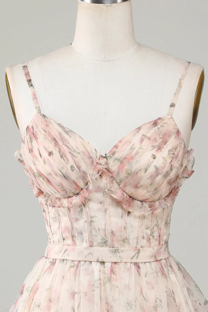 New Fashion Champagne Floral Design A-line Corset Spaghetti Strap Short Homecoming Dress, D1363