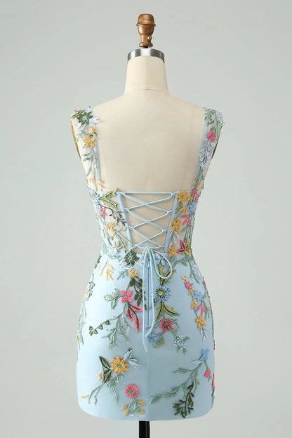 New Fashion Floral Embroidery Design A-line Strap Short Homecoming Dress, D1364
