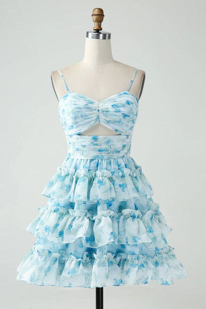 Vintage Light Blue Floral Design A-line Spaghetti Strap Tiered Homecoming Dress, D1365