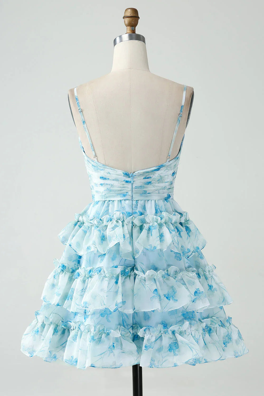 Vintage Light Blue Floral Design A-line Spaghetti Strap Tiered Homecoming Dress, D1365