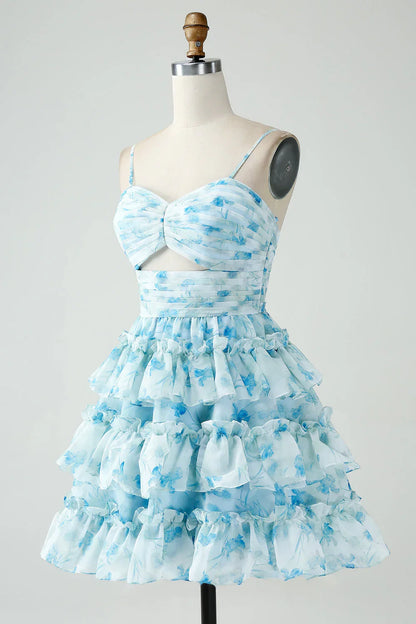 Vintage Light Blue Floral Design A-line Spaghetti Strap Tiered Homecoming Dress, D1365