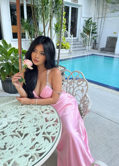 Stunning Pink A Line Halter Beaded Satin Backless Long Prom Dress Graduation Prom Dress SH5487