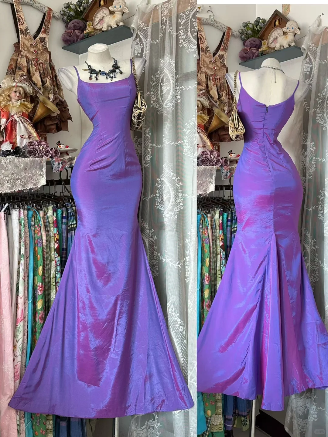 Vintage Charming Purple Mermaid Spaghetti Strap Satin Prom Dress Evening Dress SH5628