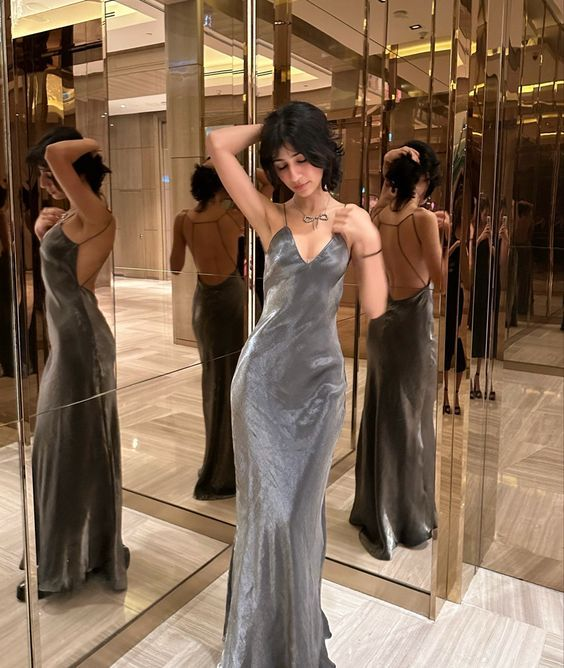 Spaghetti Straps Long Evening Dress Gray Prom Dress SH1254