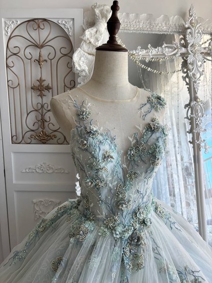 Vintage Light Blue Ball Gown V Neck Exquisite Beaded Tulle Prom Dress Sweet 16 Dress SH5987