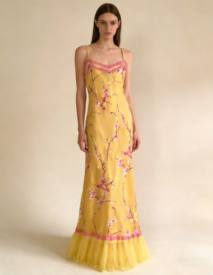 Vintage Yellow Straps Sheath Chiffon Long Evening Party Dress, D578