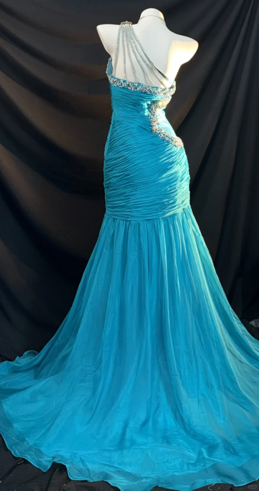 Vintage Blue A Line One Shoulder Beaded Chiffon Prom Dress Graduation Prom Dress SH5433