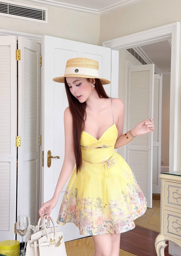 Summer Yellow A Line Straps Print Floral Satin Cocktail Dress Homecoming Dress SH6164
