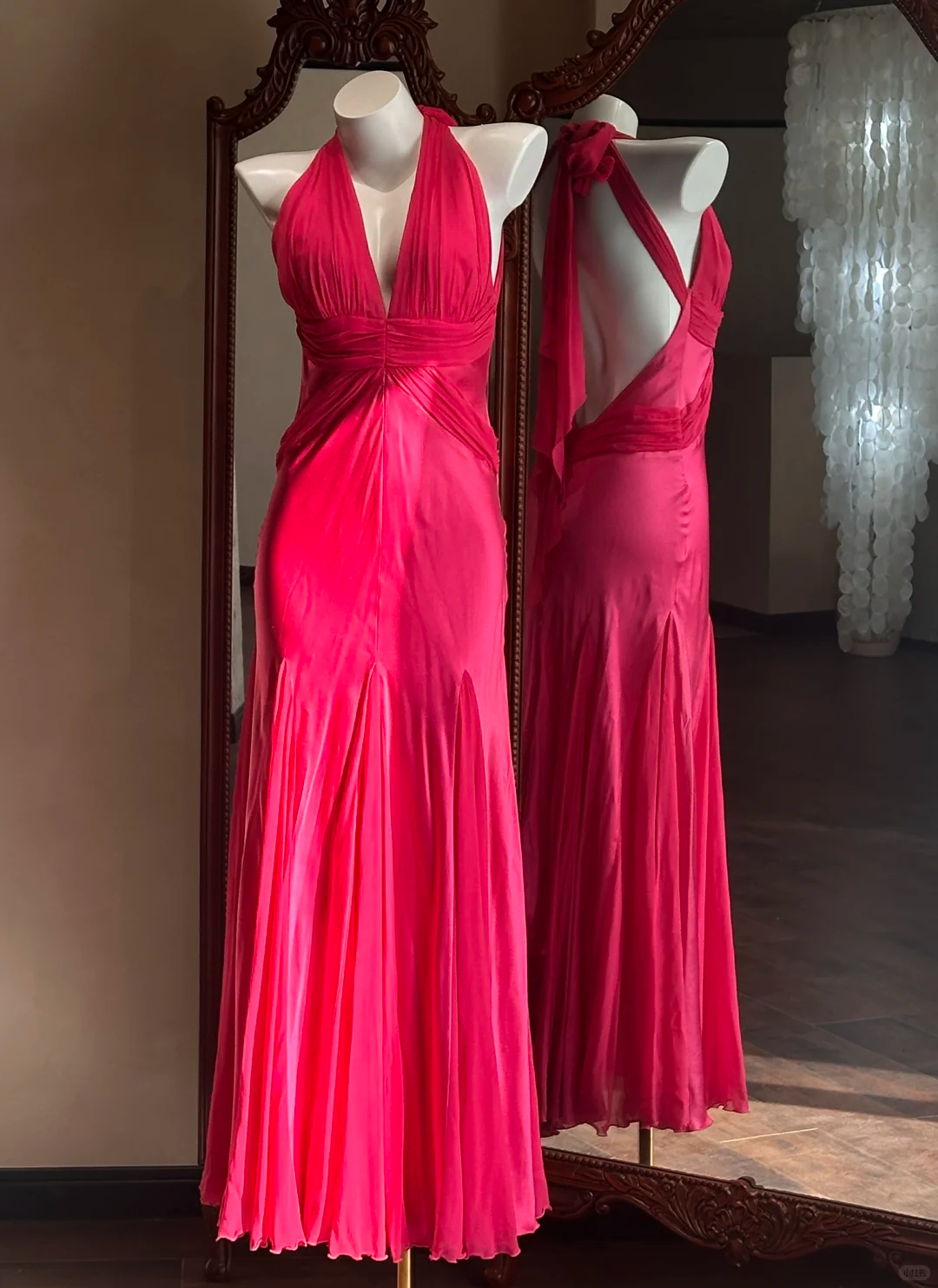 Vintage Hot Pink A Line Halter Chiffon Satin Open Back Long Prom Dress SH5206