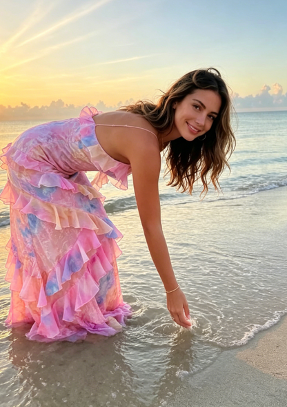 Unique Pink Ruffles Long Prom Dress Evening Dress SH978