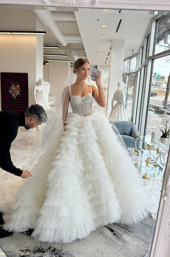 Stunning A Line Spaghetti Strap Beaded White Layered Tulle Wedding Dress SH6200