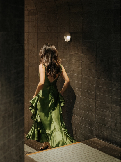 Unique Green A Line Spaghetti Strap Satin Prom Dress Evening Dress SH4208