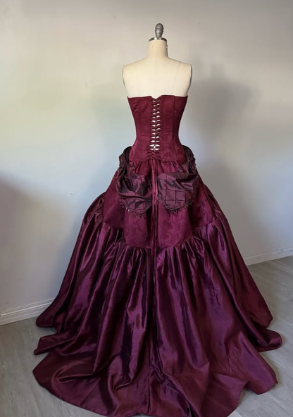 Vintage A Line Strapless Exquisite Beaded Burgundy Satin Prom Dress Wedding Guest Dress SH5400