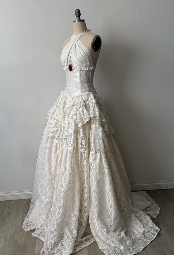 Vintage Ivory Ball Gown Halter Lace Long Prom Dress Party Dress SH5533