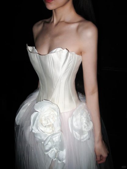 Unique A Line Strapless 3D Floral White Satin Tulle Long Wedding Dress SH5964
