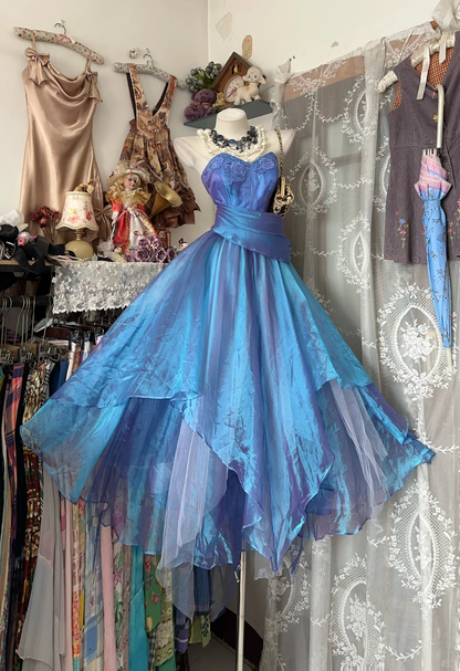 Vintage Dreamy A Line Strapless Organza Long Prom Dress SH5246