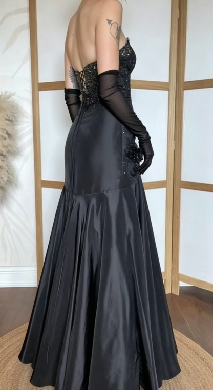 Vintage Black Mermaid Strapless Shiny Beaded Satin Long Party Dress Prom Dress SH5466