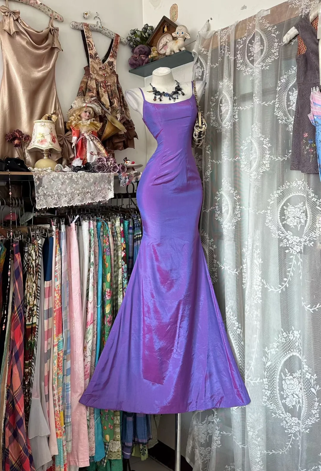 Vintage Charming Purple Mermaid Spaghetti Strap Satin Prom Dress Evening Dress SH5628