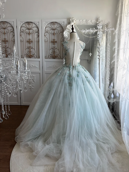 Vintage Light Blue Ball Gown V Neck Exquisite Beaded Tulle Prom Dress Sweet 16 Dress SH5987