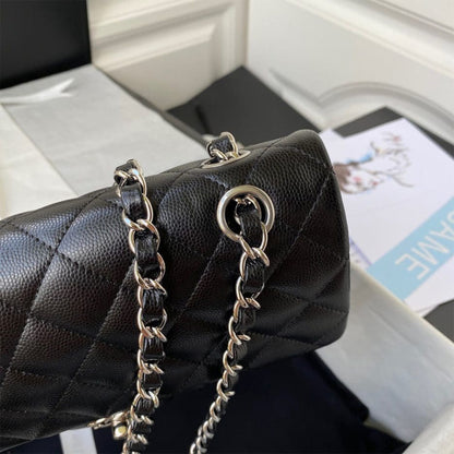 CHANEL SMALL CLASSIC HANDBAG Grained Calfskin & Silver Metal