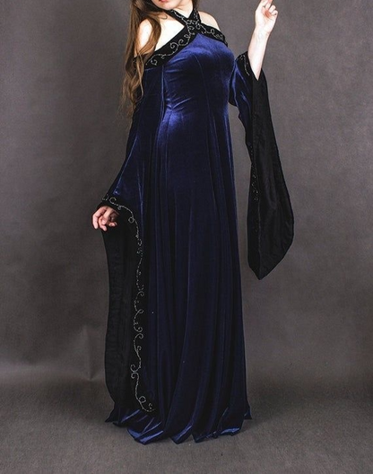 Vintage Dark Blue Halter Neck A-Line Velvet Long Formal Prom Dress Evening Dress, D828