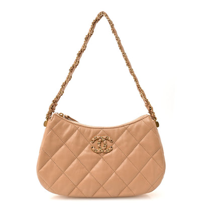 Crumpled Calfskin Quilted Braided CC Hobo Beige